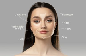 Facial anatomy diagram highlighting forehead, under eye, nose, nasolabial folds, lips, jaw, and chin.